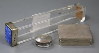 A silver compact (a.f.), a small white metal topped glass box and a silver and enamel glass box.