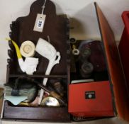 A quantity of pipes, a pipe rack, binoculars and other collectables