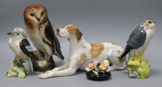 Two Beswick birds, a Staffordshire posy, Russian dog and an owl tallest piece 20cm