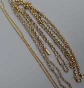 Three assorted 9ct. gold chains and a yellow metal chain.