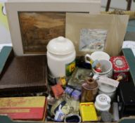 A box of mixed collectables advertisements, Colemans Mustard, etc.
