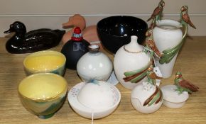 A collection of small studio glass and pottery including two David Walters ducks, one red