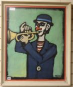 Edward Mooney, oil on paper, clown playing a trumpet, signed and dated '59, 67 x 55cm