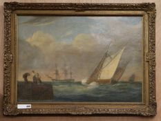 19th century English School, oil on canvas, shipping off the coast, 51 x 74cm