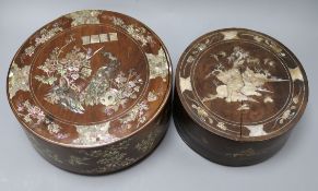 Two Oriental mother of pearl inlaid boxes diameter 27cm