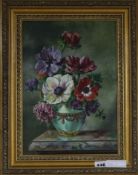 R. Dumont Smith, oil on board, Still life of peonies in a vase, signed 34 x 24cm