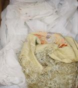 A whiteworked dress, embroidered shawl and collection of hankies