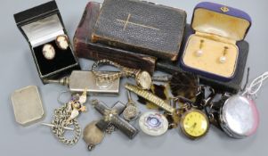 A silver snuff box, 9ct gold lady's watch, RAF tie pin, brooch & collectables.