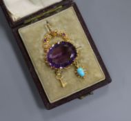 A yellow metal, diamond and amethyst engagement 'padlock' pendant, the central oval cabochon