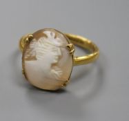 A 22ct gold oval cameo ring, size O/P.