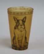 A Victorian engraved horn beaker, decorated with a French bulldog and dated 1864 height 9cm
