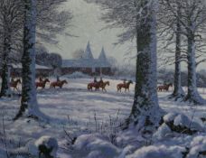 Roy Millar, oil on canvas, jockeys in a snowy landscape, signed, 35 x 45cm