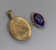 An Edwardian engraved yellow metal locket and a Victorian enamel and diamond set clasp.