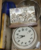 A bakelite clock, a dish, an onyx double photograph frame and a silvered mural on stand