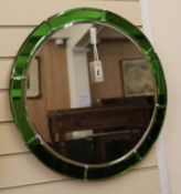 An Art Deco green and clear glass mirror W.57cm