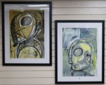 N. S., pair of acrylic on paper, head studies 70 x 50cm