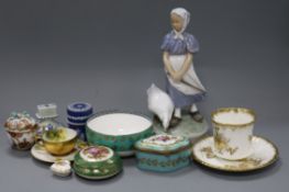 A Royal Copenhagen porcelain figure of Goose-Girl, Worcester cup and saucer, a Limoges box and