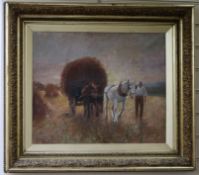 Continental School, oil on canvas, Haycart in a landscape, 50 x 60cm.