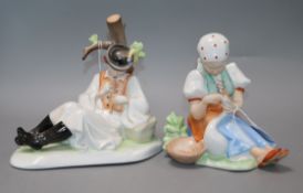 Two Zsolnay porcelain figures of a huntsman and goose-girl height 19cm (tallest)