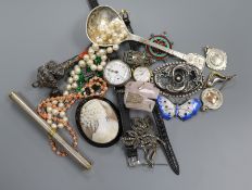 Mixed jewellery and watches including Longines, early 20th century silver watch, paste brooch,