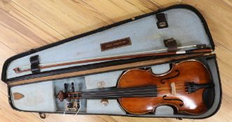 A 19th century violin with makers label C Nicholson of Leith, Edinburgh , cased with bow