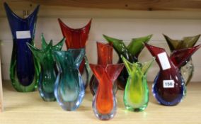 Ten Murano glass vases