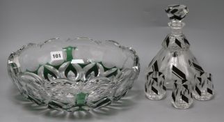 An Art Deco style decanter with three glasses and a cut emerald glass bowl signed Van St Lambert
