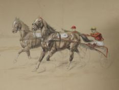 Continental School, pair of hand tinted lithographs, horse racing scenes, indstinctly signed, 44 x