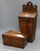 An inlaid mahogany candle box (lacking hinges) and a rosewood tea caddy