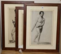 English School, 3 pencil and watercolour nude studies, largest 49 x 29cm