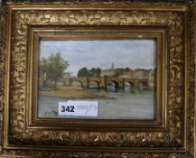 English School, watercolour, town river scene with bridge 14 x 20cm