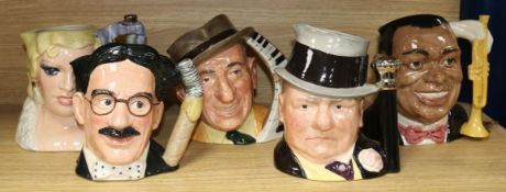 Five Royal Doulton character jug from The Celebrity Collection: Louis Armstrong, WC Fields, Mae