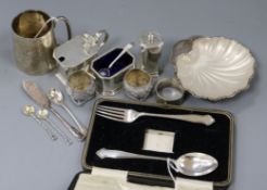 A pair of Chinese white metal 'basket' salts and spoons and sundry small silver, including a