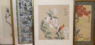 A collection of Oriental framed embroideries, etc.