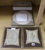 A pair of 19th century silk embroideries, lace mats, a pair of Victorian sheets and faux