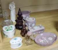 Three glass scent bottles, Wedgwood jasperware, two pill boxes, etc.