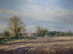 Ann Knowles, oil on canvas, Autumn farmland, Shipley, signed, 44 x 60cm
