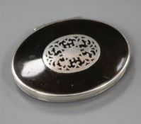 An 18th century? oval white metal and tortoiseshell oval snuff box, unmarked, 76mm.