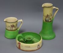 Two Royal Doulton jugs and a chamberstick, tallest 21.5cm