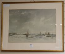 John Bannerman (Roland Vivan Pitchforth), watercolour, yachts off the coast, signed, 43 x 61cm