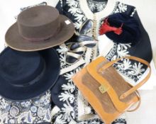 Two Spanish hats, hat box, a kaftan, a Jaegar blouse, a calf skin handbag, a pair of evening gloves,