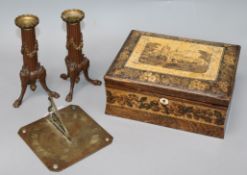 A Tunbridge ware box, a pair monopodia bronze candlesticks and a sun dial box length 23.4cm