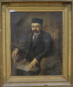 English School c.1900, oil on canvas, portrait of a gentleman seated in a rattan chair and holding a