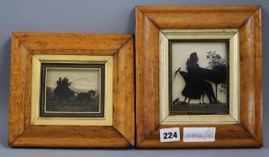 Two 19th century silhouettes 'Mr Stern at the spinet' and 'A coaching scene', maple framed