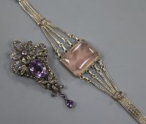 A Victorian style silver, amethyst and marcasite set brooch and a modern Italian white metal and