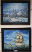 J D Mclean, pair of oils on canvas, HMS Triumph cruising off San Francisco, 1887 and Homeward