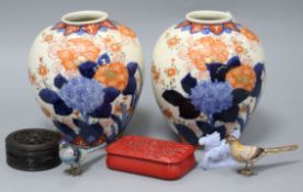 A pair of Imari style vases, two cloisonne birds, a stone carving and a lacquer box vases 16cm