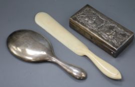 A late Victorian silver mounted box by William Comyns, a silver mounted hand mirror and ivory shoe