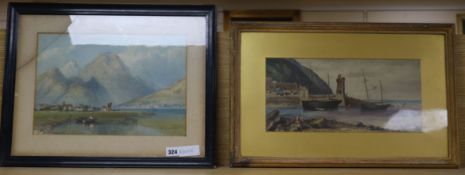 Phillip Mitchell, watercolour, Swiss lake scene, 26 x 37cm and a Cornish harbour scene by I.F Peake