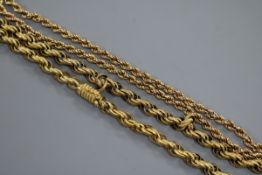 Two long 9ct gold chains, including ropetwist, 80cm & 72cm.